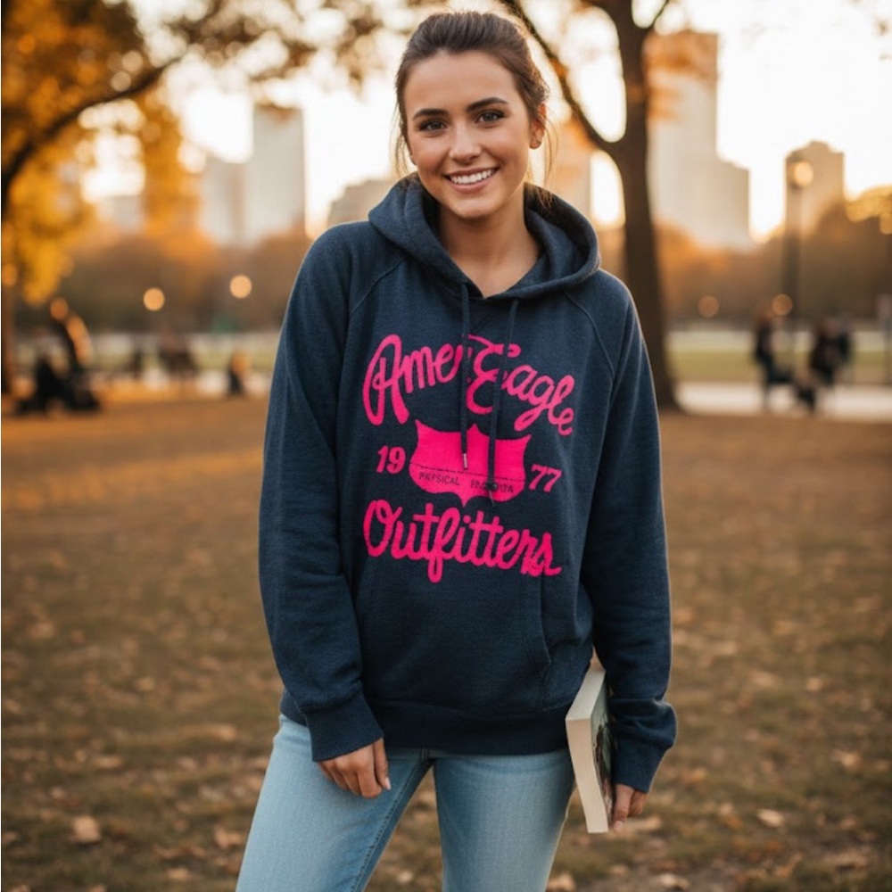 American Eagle Outfitters Dark Blue Hoodie with Bright Pink Design